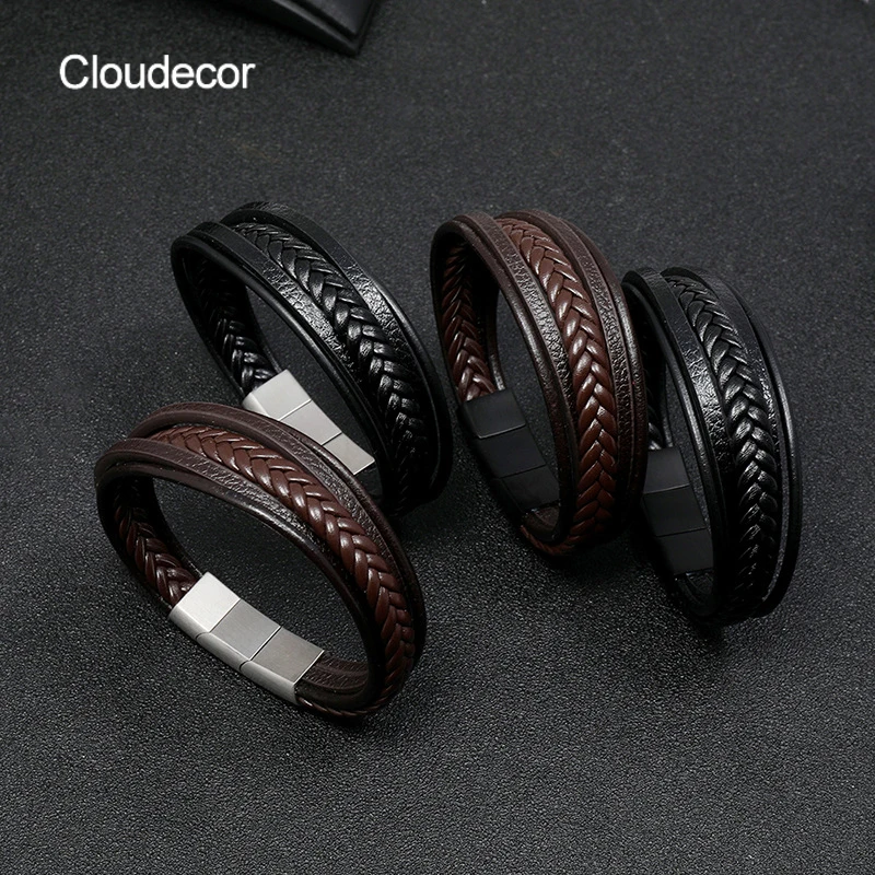 

Simple Mens Stainless Steel Magnet Buckle Leather Bracelet Multi-Layer Brown Genuine Leather Wristband Cowhide Bracelet Male