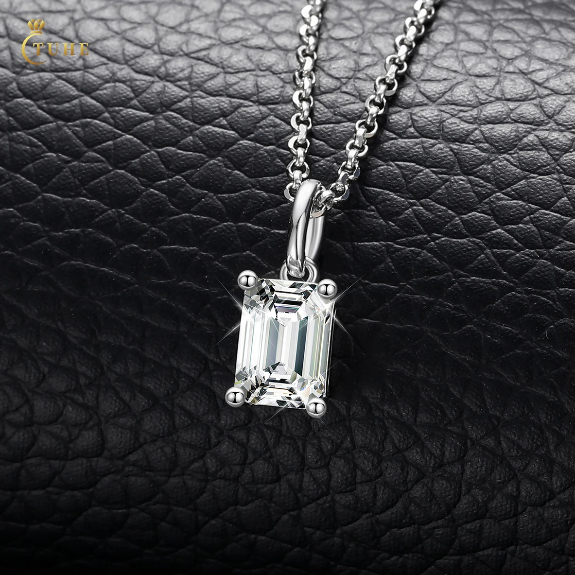 

New Fashion Women Jewelry 1ct Emerald Cut VVS Moissanite Diamond Pendant Collares Para Mujer 925 Sterling Silver Necklace