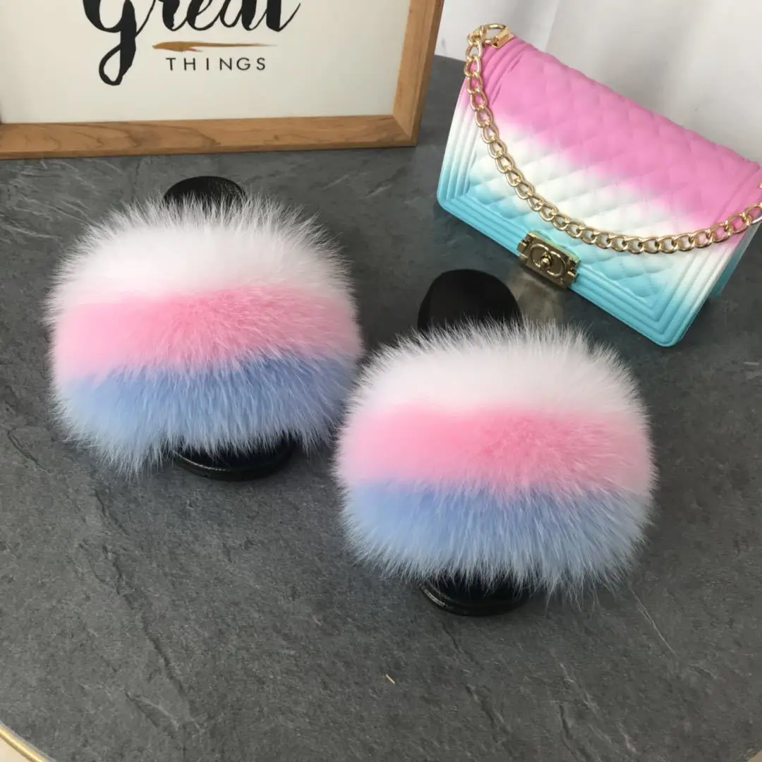 

2021Big Fluffy Real Colorful Raccoon Fox Platform Fur Ball Slides Slippers For Women With Jelly Purse, Customized color