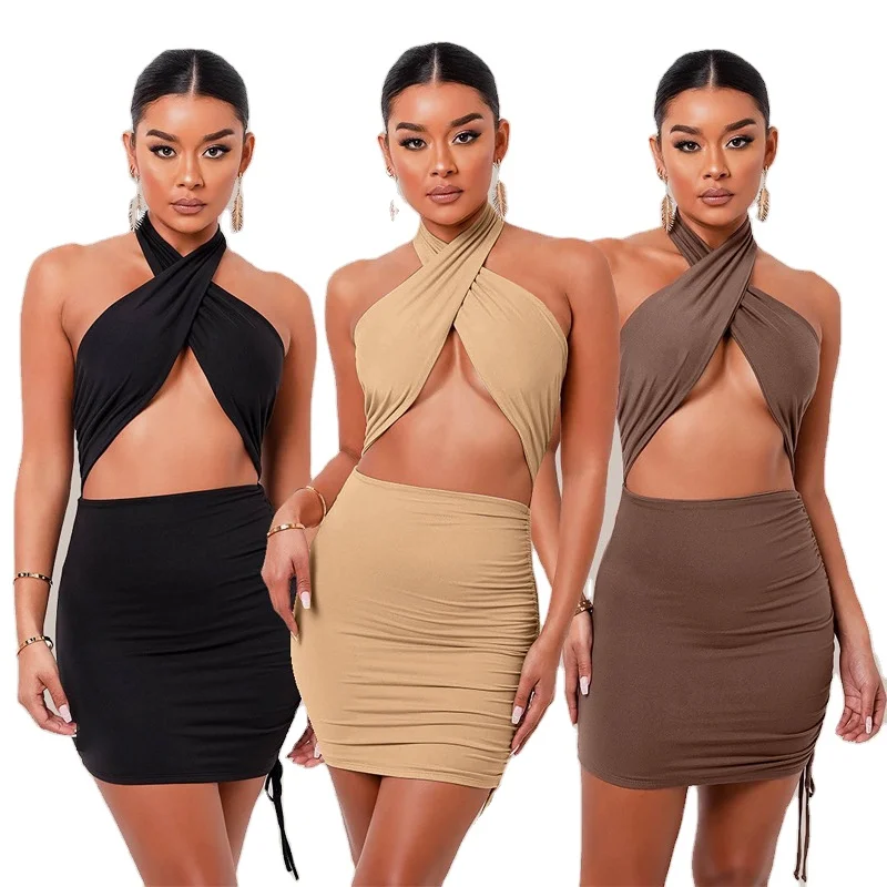 

Best selling products 2021 in usa amazon mini dress sexy halter hollow dress open back side smock design women clothing dress, Picture
