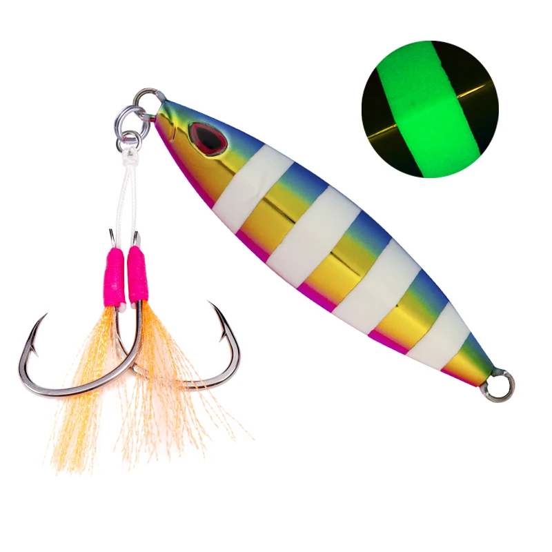 

new design fishing electroplating reflection slow jigging metal lures with one double feather hook, 5 colors