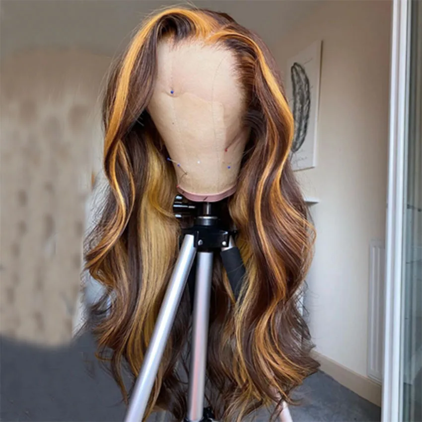 

Wavy Ombre Blonde Highlights Color 13x4 Deep part Lace Front Human Hair Wigs Pre Plucked Brazilian Wig for Black Women, Highlight color ,natural color