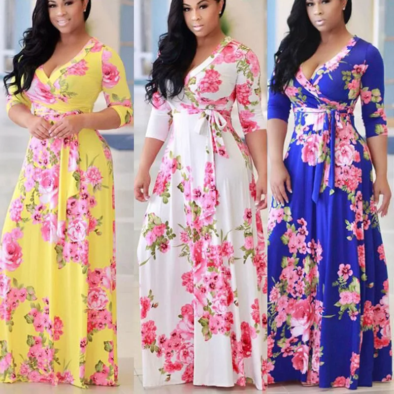 

Amazon ebay hot style women's V-neck print large swing dress plus size long skirt