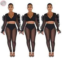 

9101224 best design mesh ruffle edge sleeve transparent sexy 2020 Pant Women Two Piece Outfits Set