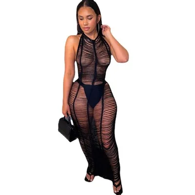 

Hot Sale Long See Through Fringe Hem Halter Backless Ladder Cutout Swimsuit Cover Up Crochet Cover Up Crochet Dress, Customized color