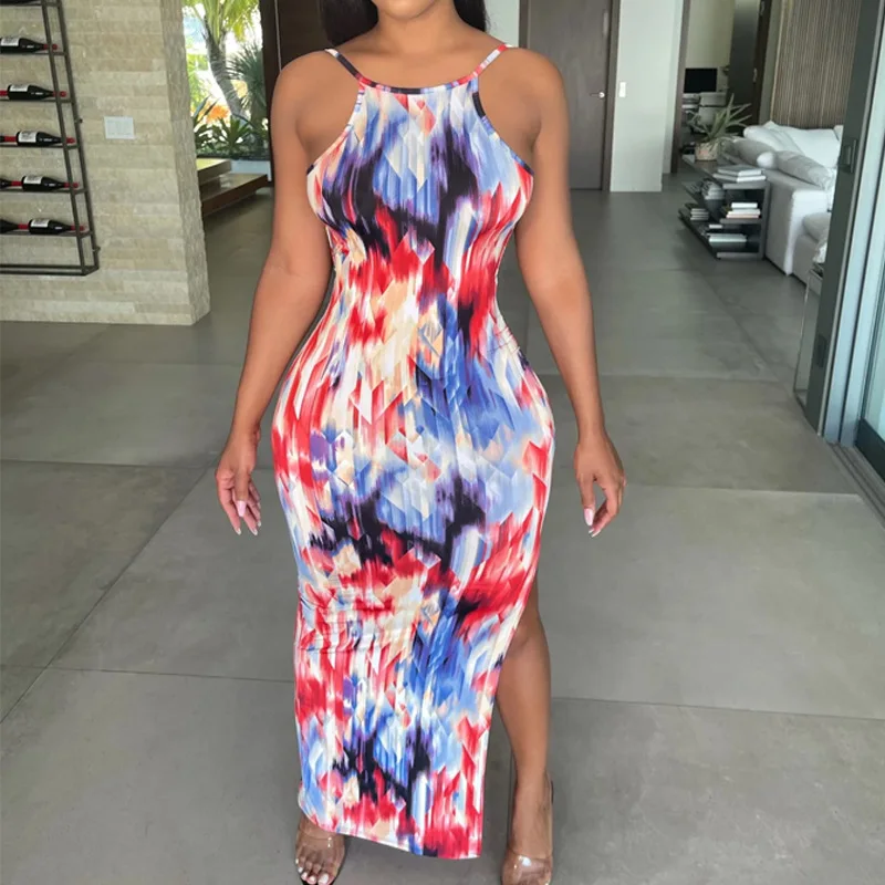 

Blingirl 2021 Summer Wholesale Multi Print Side Sleeveless Backless Slit Sexy Dress Women Streetwear Party Club Clothing Y2K, Multi,black