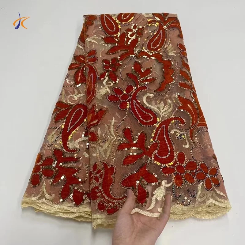 

Super soft embroidered velvet jacquard sequin fabric orange flowers organza tulle lace fabric for women dress, Customized color