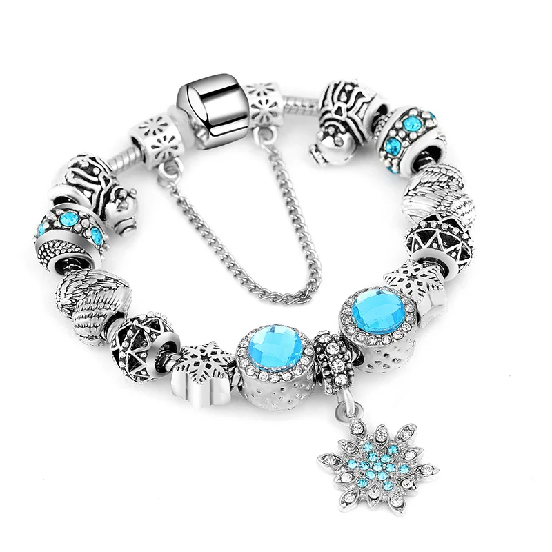 

2021 Newest Christmas Blue Crystal Rhinestone Zinc alloy Silver Plated Snow Bracelets Oil Drip Santa Claus Beads Bracelets