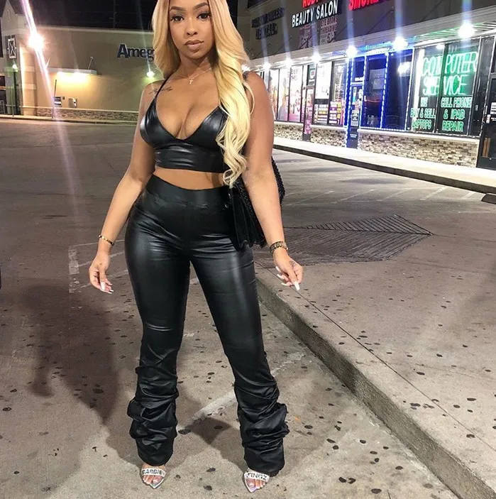 

2021 Spring Skinny Ladies High Elastic Waist Pu Leather Bodycon Stacked Pants For Women