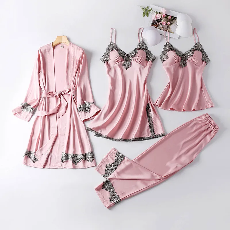 

JULY'S SONG Spring Autumn Sleepwear Elegant Ladies Faux Silk Women Pajamas Sets Sexy Lace Long Sleeve Satin Robe Nighty Wear, Pink,navy blue,red,blue