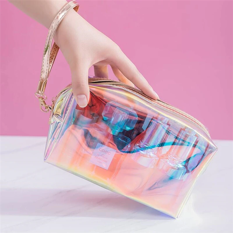 

Low MOQ 100pcs Custom Logo small clear cosmetic bag 2020 wholesale holographic cosmetic makeup bag custom print