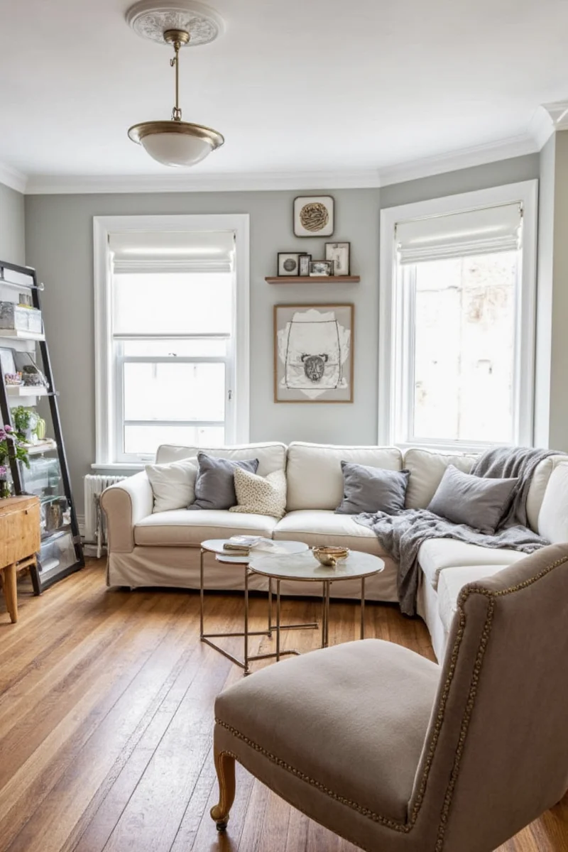 Visual zone separation in flat living room using rugs and lighting