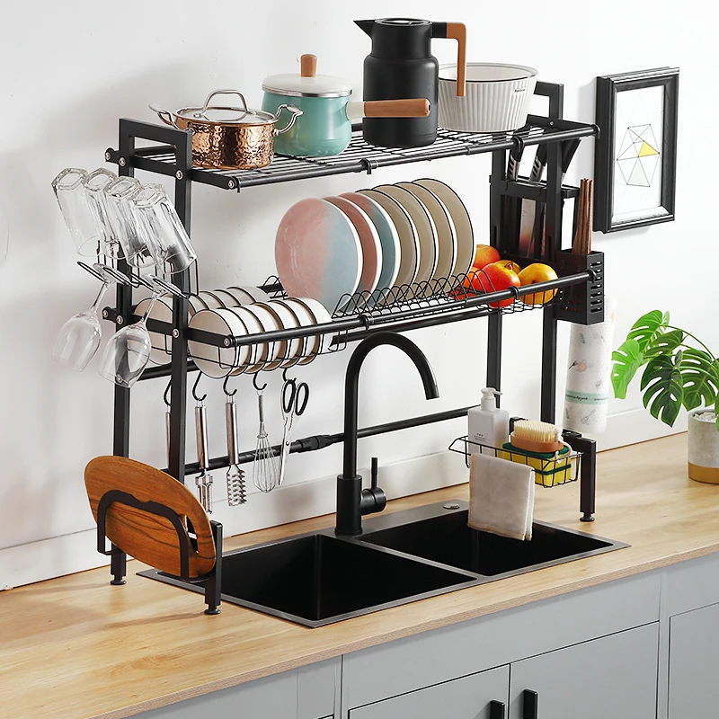 

adjustable dish rack drainer with height Strong stainless steel storage racks, Black