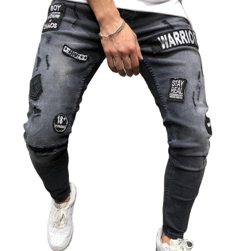 

Custom Fashion Men's Skinny Jeans Black Ripped Badge Patch Feet Denim Pants Funky Jeans For Men