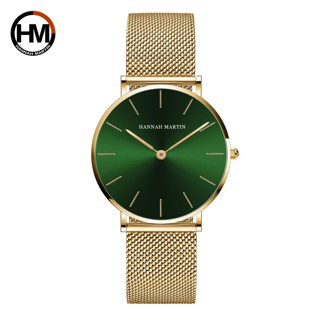 

36mm New Green Face Gold Dial Japan Quartz Movement Stainless Steel Mesh Ultra thin HANNAH MARTIN Women Watches CV36