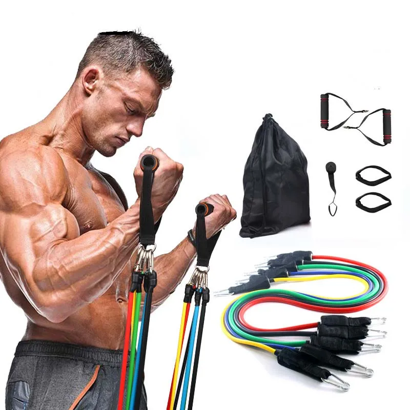 

11pcs Fitness Workout Stackable Tension Exercise Bands Resistance Band Set with Handles, Door Anchor, Ankle Straps, Customized color