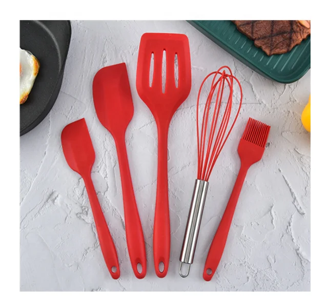 

DLKT002 Wholesale Red 5 Piece Kitchenware Baking Cooking Tools Silicone Cookware Utensils Set