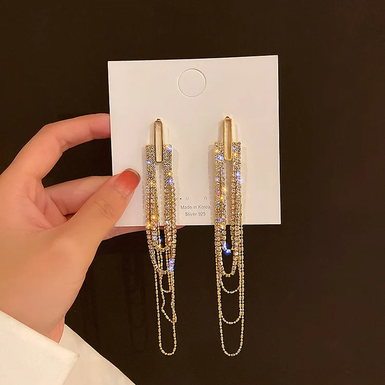 

Juhu 925 Silver Needle Fashion Temperament Full Diamond Tassel Earrings Female Long Korean Style Earrings