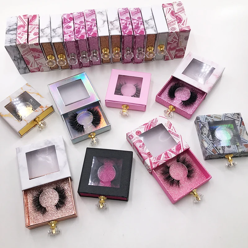 

Wholesale Natural Mink Eyelashes Crystal Handle Square Eyelash packaging Box Fluffy 25mm Mink Lashes, Natural black