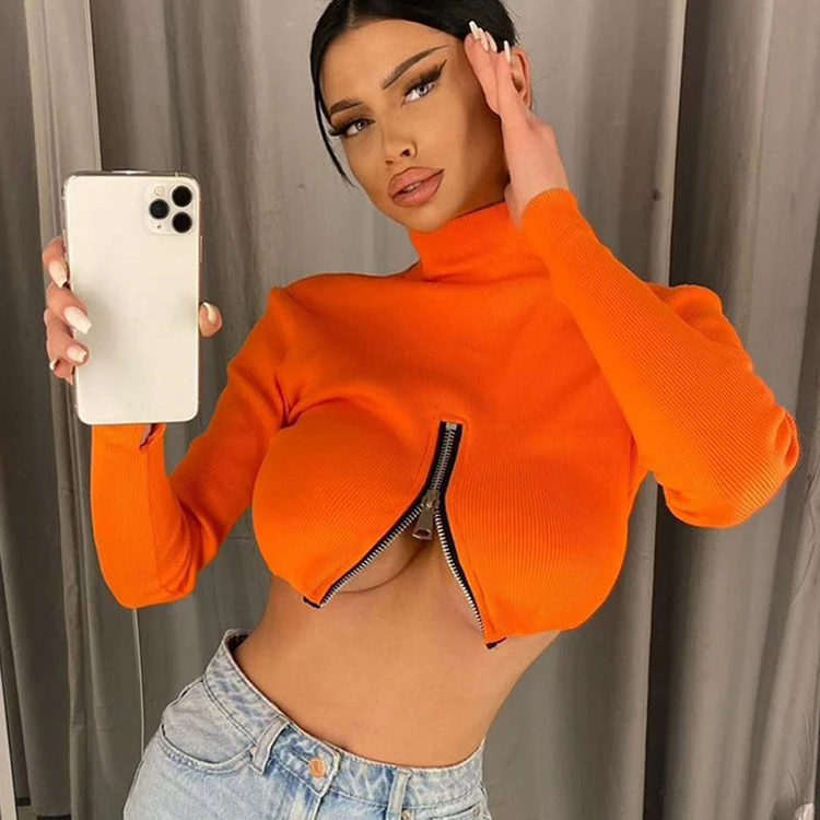 

Fast shipping Fall Cropped Sweat Suits Stylish Zip Up Sexy Clothes Ladies Long Sleeve T Shirt Woman Crop Top for Women, Orange