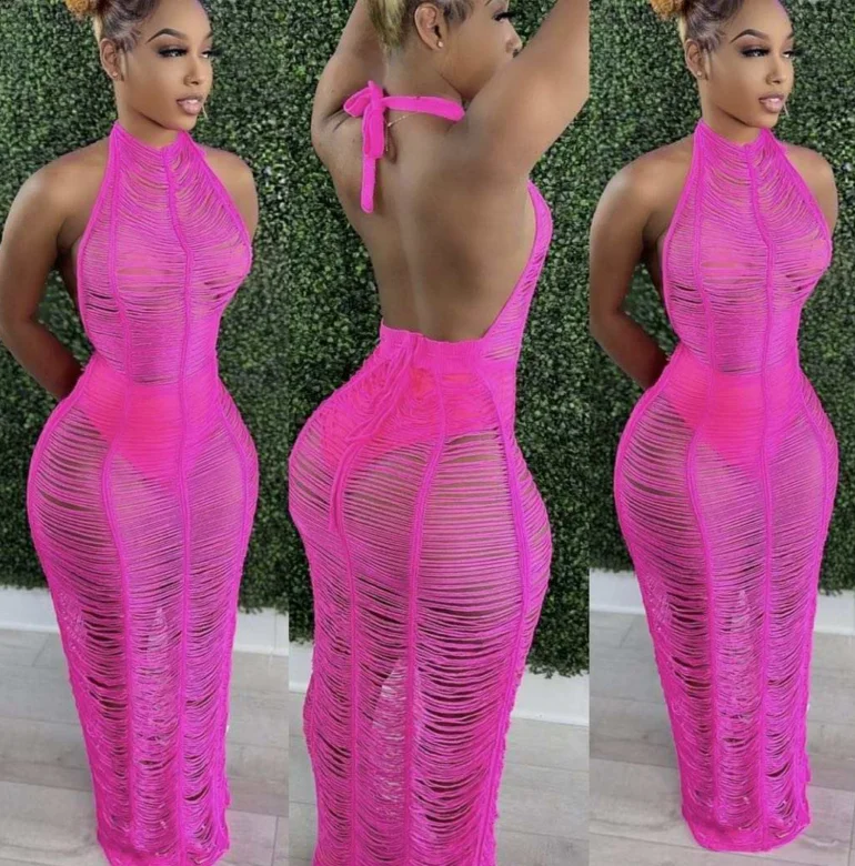 

COUDINA Women Beach Long See Through Deep V-neck Halter Lace Bodycon Party Dress Long Sexy Dresses, Pink/black/white/brown/orange