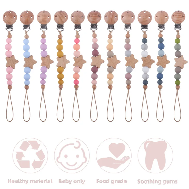 

New Design Safe Multi Style Nontoxic Bpa Free Pink Blue Baby Dummy Holder Silicone Beech Wooden Wood Pacifier Clip Chain
