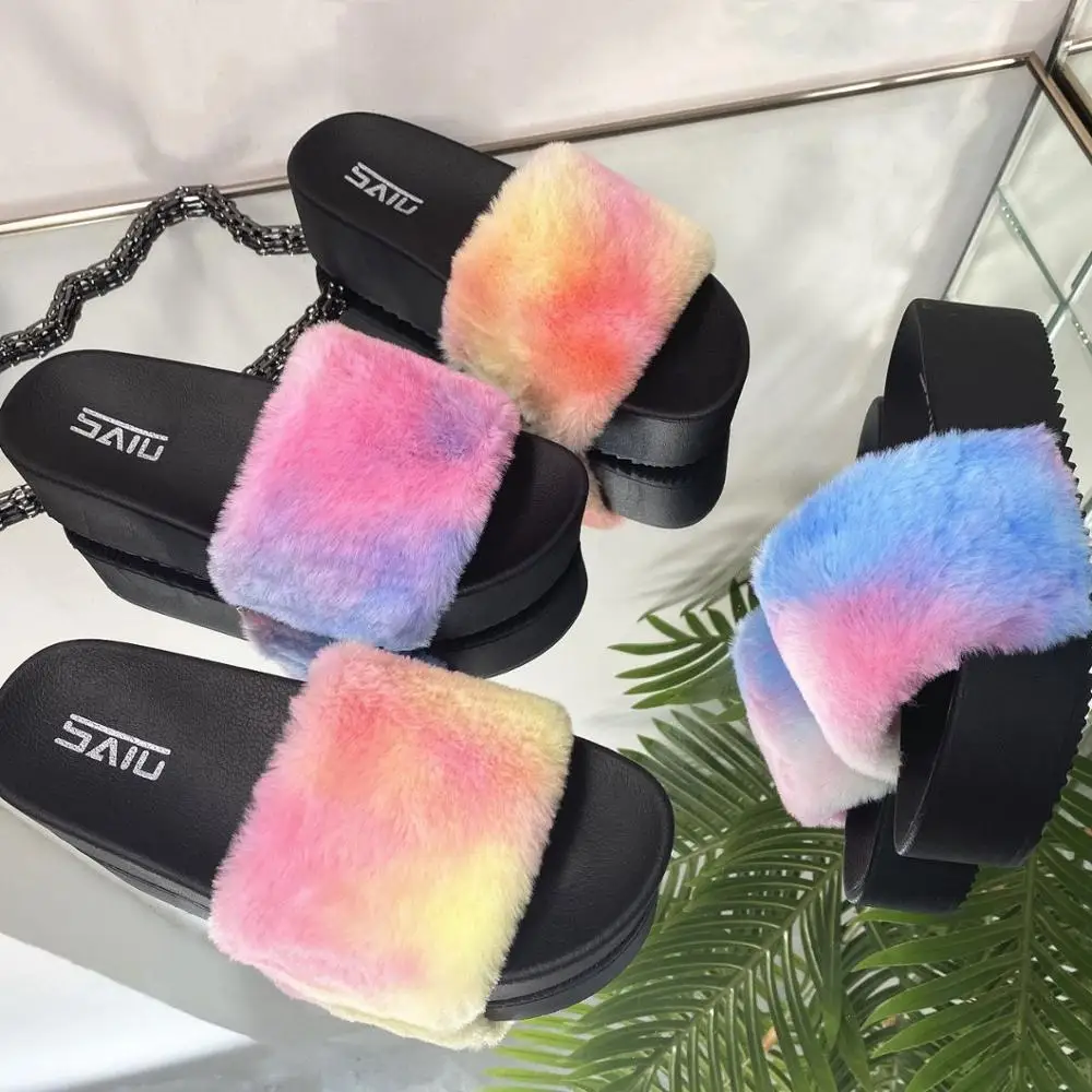 

Tie dye women shoes high heel outdoor sandals faux fur rainbow color plush thick sole slippers platform lady slides