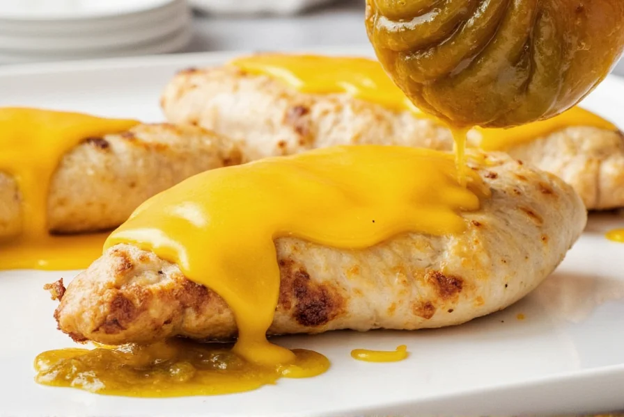 Jalapeno jam being spread on grilled chicken with melted cheese topping