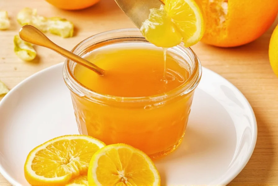 Layered cake with orange glaze spread between slices