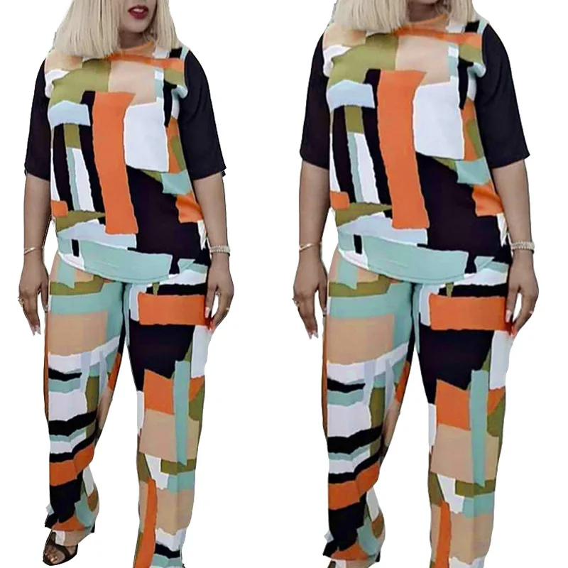 

African mother's loose two piece suit sleeve irregular top wide leg pants women's 2020, As showed