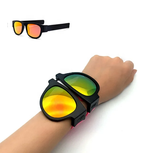 

2021 Wristband Sun Glasses Slap on Custom Foldable Sunglasses Snap Rolls Promotional glasses, Multi colors