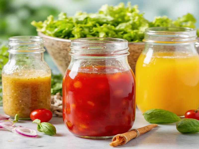 Three glass jars with vibrant homemade salad dressings
