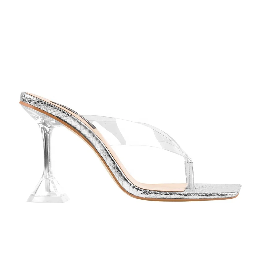 

Silver Snake Print Square Toe Transparent Tapered High Heel Ladies Thong Sandals 2020 For Women