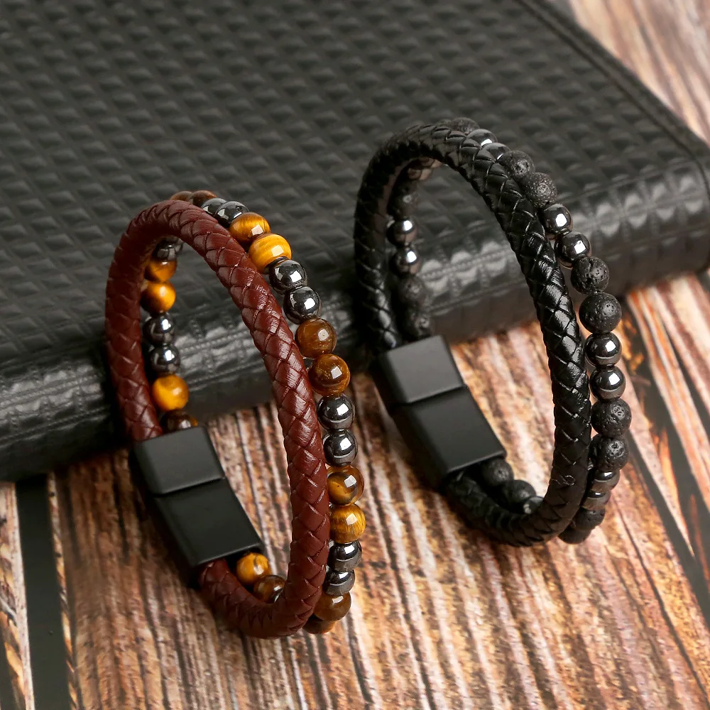 

Double Layer Handmade Braided Natural Tiger Eye Stone Bead Bracelet Multi Layer Magnetic Clasp Leather Bracelet