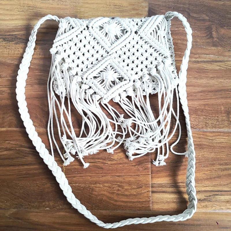 

Bohemian White Fringed Macrame Shoulder Bags Geometric Pattern Handmade Beach Messenger Bag