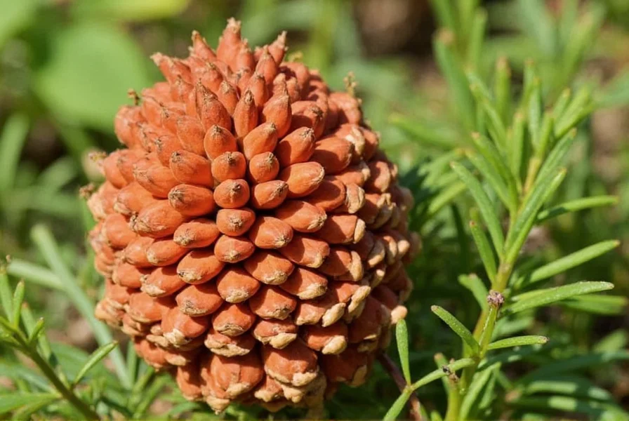 Close-up view of mature pinecone ginger inflorescence showing the distinctive cone shape and red coloration with gel secretion