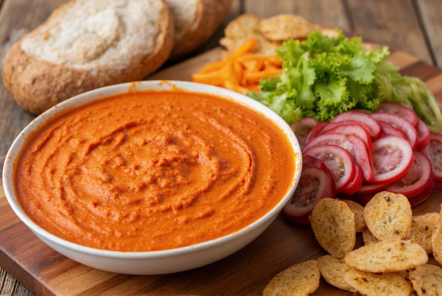 Finished vibrant red pepper dip served with assorted vegetables and artisan bread on wooden platter