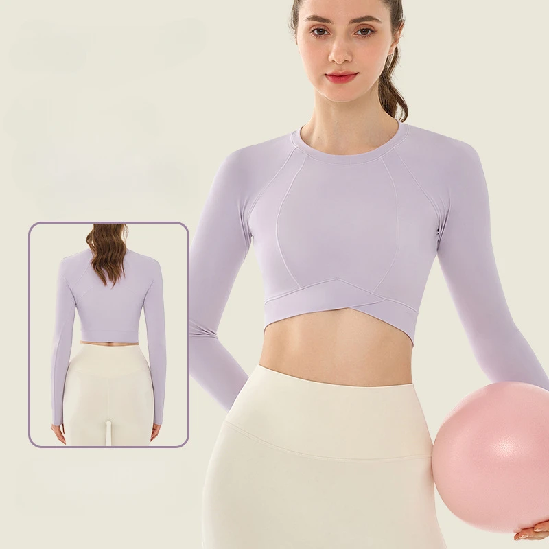 Women's Breathable Lightweight Crop Tops Quick Dry Yoga Sports Shirts with Long Sleeves and Seamless Design