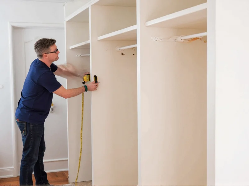 Measuring closet dimensions with tape measure and stud finder