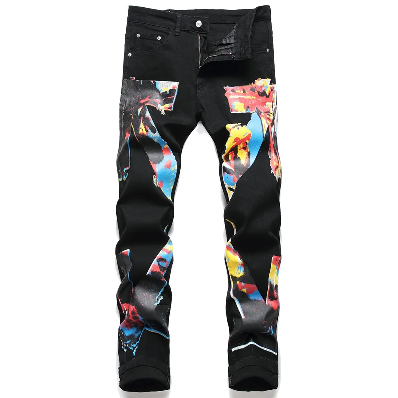 

New style Softener denim fabric color print stretch black men's jeans