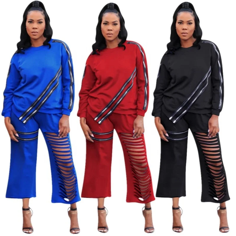 

Fall Ripped Two Piece Outfit Pants Set Women 2020 Wide Leg 2 Piece Pants Set With Fake Zipper