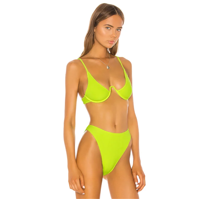 

New Adjustable Metal Buckle Swimsuit Two Piece Underwire Solid Color Thread Woman Bikini Neon Green Knit Swimwear