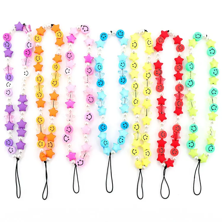 

SC Wholesale Pearl Cell Phone Strap Accessories Handmade Colorful Polymer Clay Smiley Face Beads Mobile Phone Wrist Straps Chain