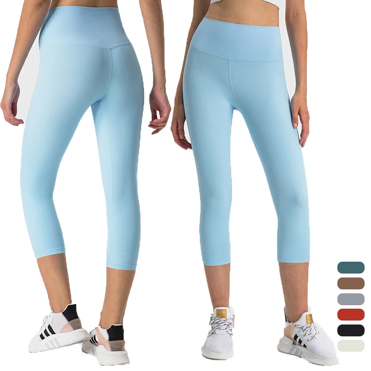 

Summer Women's Solid Colors Stretchy High Waist Tummy Control Ribbed Butt Lift Compression Gym 3/4 Length Yoga Leggings Women