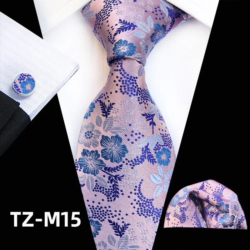 

New Polyester Floral Flower Men's Silk Ties Set For Men Royal Blue Neckties Pocket Square With Cuff link For Man's Wedding