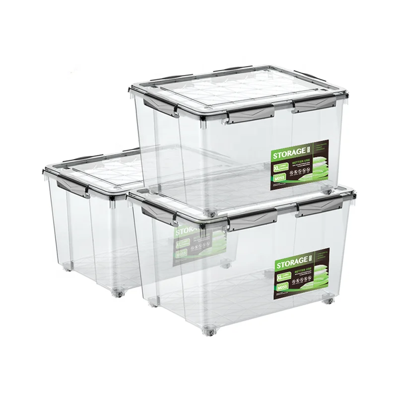 

Transparent plastic sealed storage box airtight organize with wheels