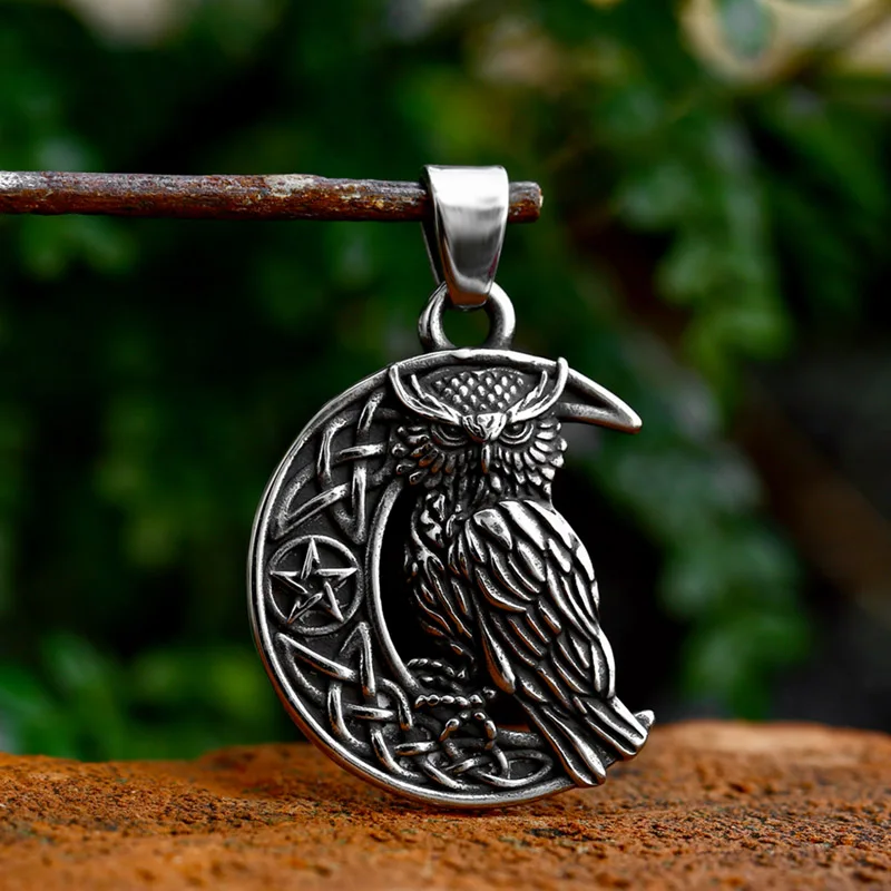 

SS8-1215P 2023 New Style 316L Stainless Steel Viking Owl Moon Pendant Biker Party Punk Men's Jewelry Necklace Wholesale