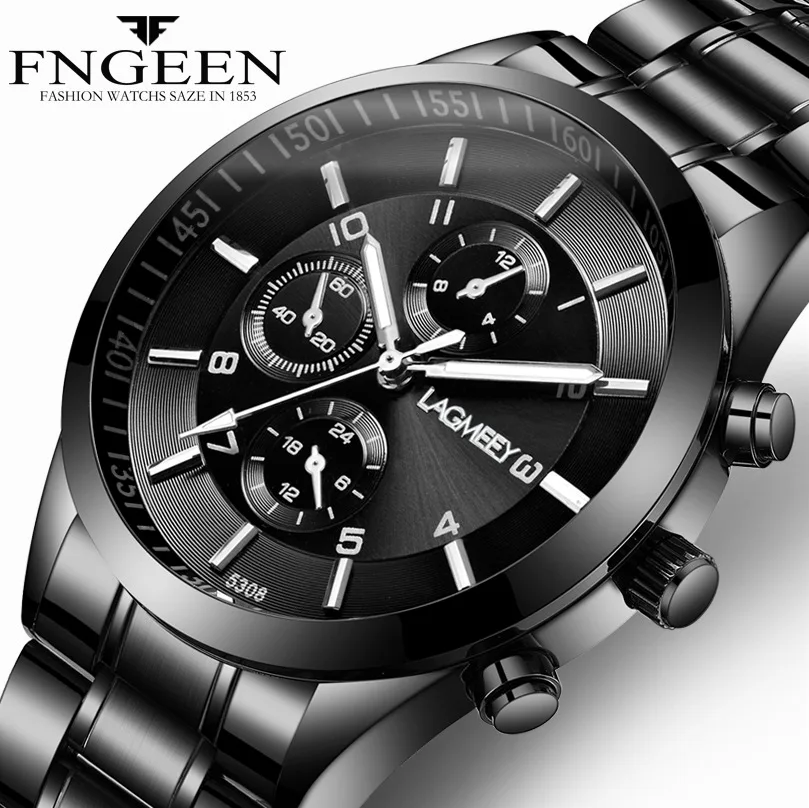 

FNGEEN 5308 antique black man quartz watch futuristic steel band Waterproof 3 dials decoration vintage student wrist watch