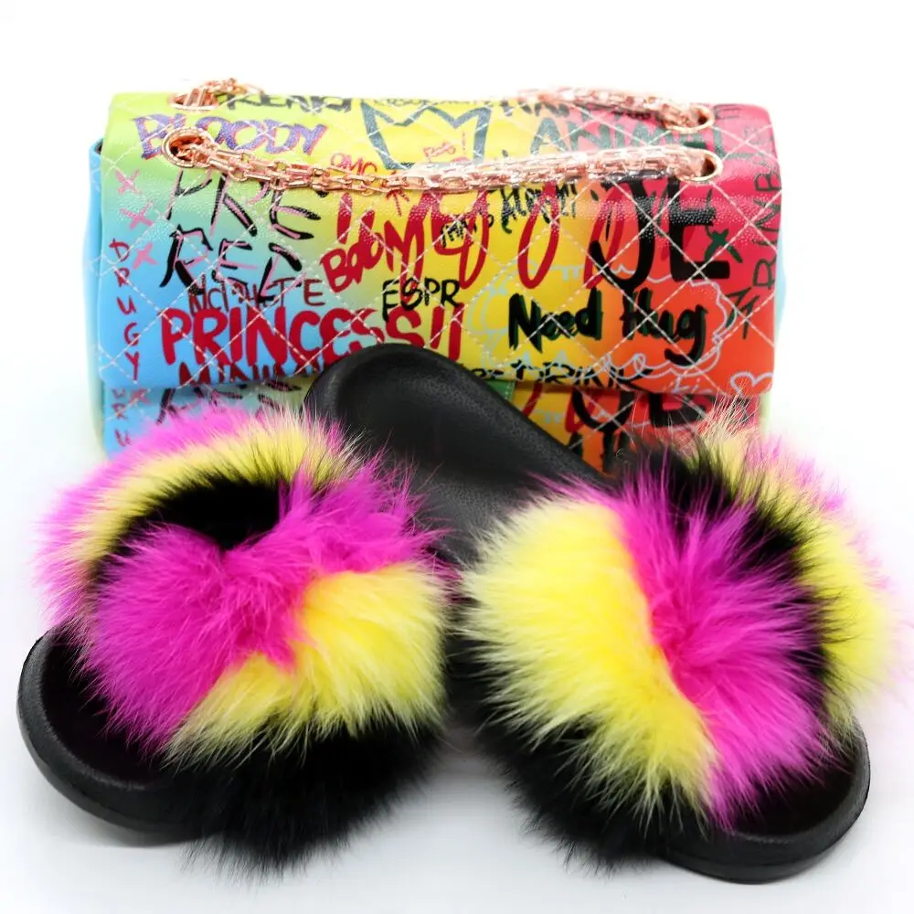 multicolor fur slides