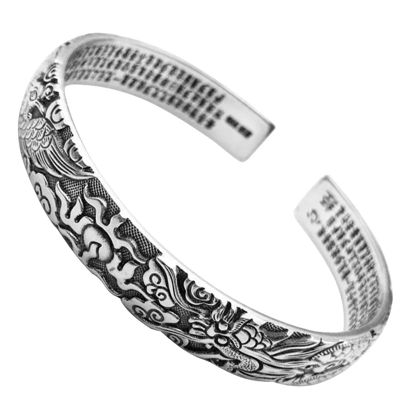 

Real 999 Pure Silver Dragon and Phoenix Bangles for Men Heart Sutra Engraved Vintage Opening Adjustable Bracelet